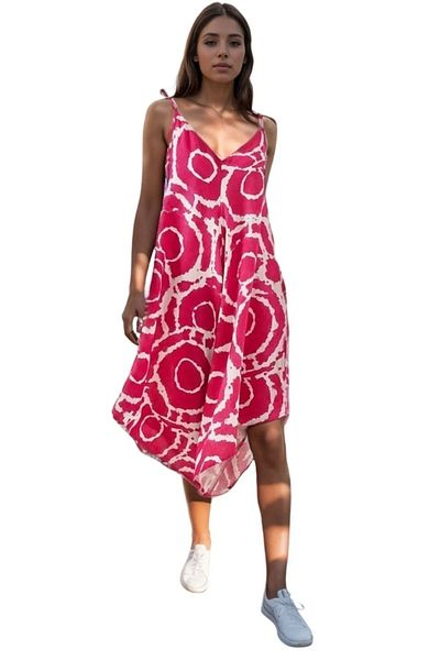 Cassime Women's Patterned Pink Rope Strap Summer Linen Viscose Loose Jumpsuit