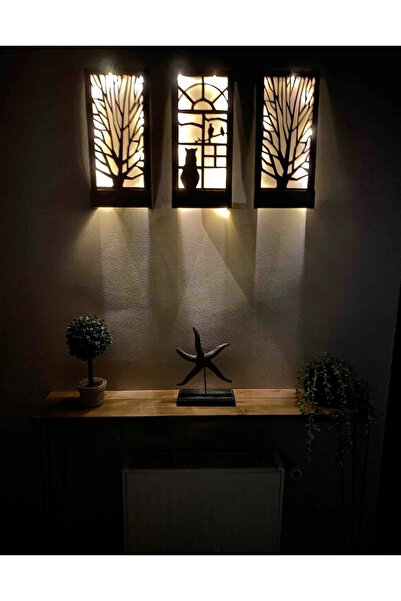 ÇınarWoods 3 Lü Tablo Peri Ledli Masif Ahşap Tablo Ev Hediyesi Hol Antre Gece...