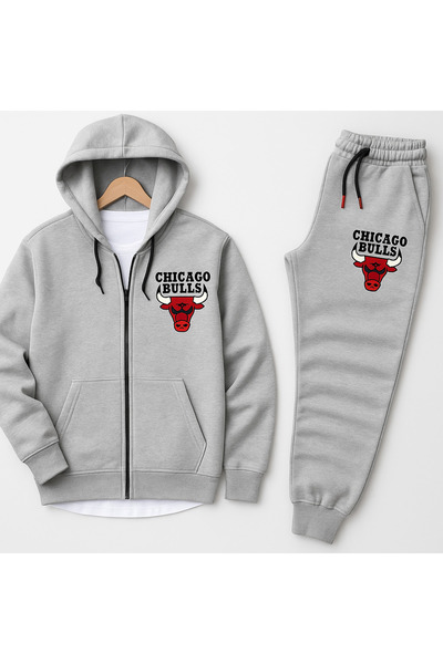 NEW TRENDY COLLECTİON Bulls Chicago Printed Zippered Cotton Jacket - Sweatpants Set of 2
