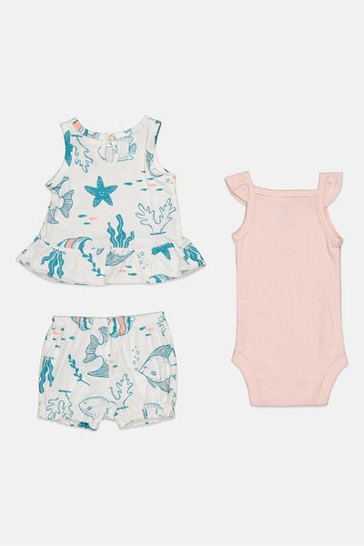 Carter's Toddlers Girl 3 Piece Graphic Top And Short Set, White/Blue/Pink