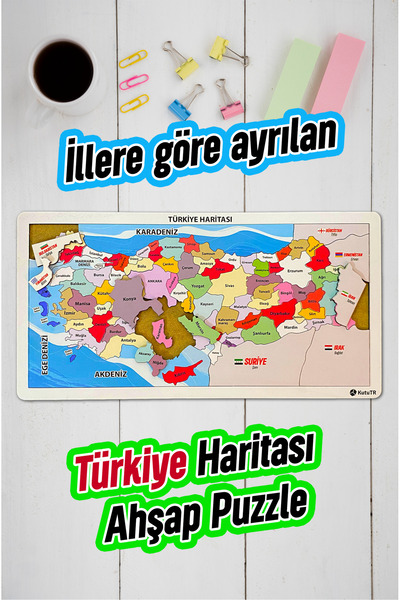 kutuTR Ahşap Renkli Türkiye Haritası Ahşap Puzzle Yapboz 23x45 Cm