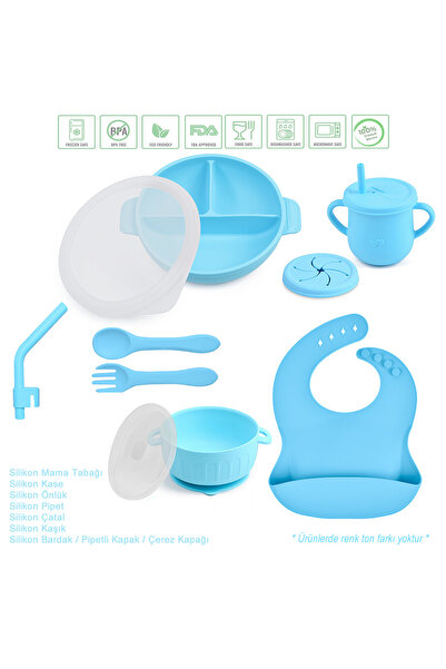 jojobebek Silikon Beslenme Seti Vakumlu Silikon Mama Tabağı Ve Kasesi, Silikon Çatal Ve Kaşık, Bardak / Mavi