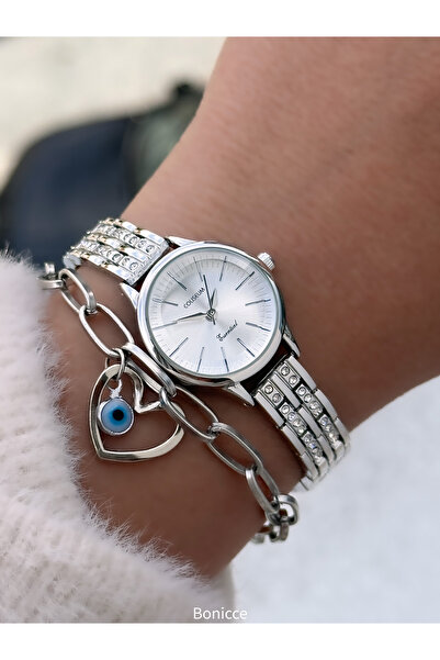 Bonicce Brand Retro Model,,Silver Color Cord,Pink Case Pearl Women's Watch Bracelet