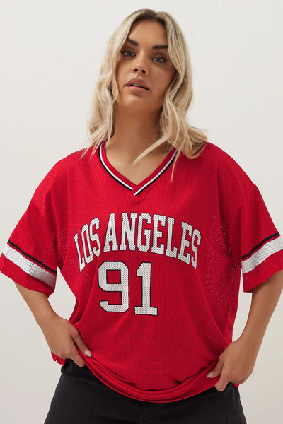 Stil Diva Plus Size V-Neck Short Sleeve Printed Mesh T-Shirt 303494