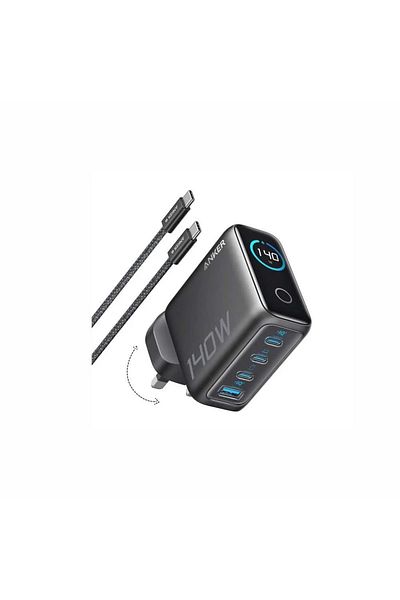 Anker شاحن جداري انكر بقوة 140 واط بثلاث منافذ تايب سي ومنفذ يو اس بي مع سلك تايب سي الى تايب سي اسود