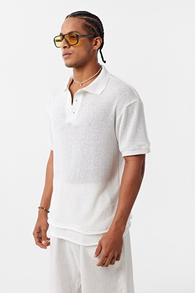 VAMOSCLO Πλεκτό μπλουζάκι με λαιμόκοψη πόλο oversized εκρού