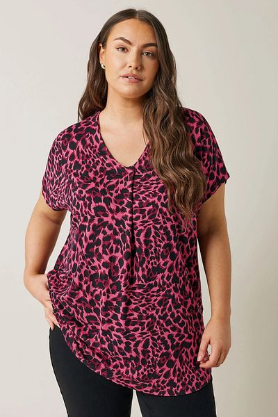 Stil Diva Plus Size Notch Collar Short Sleeve Leopard Print Blouse 615606