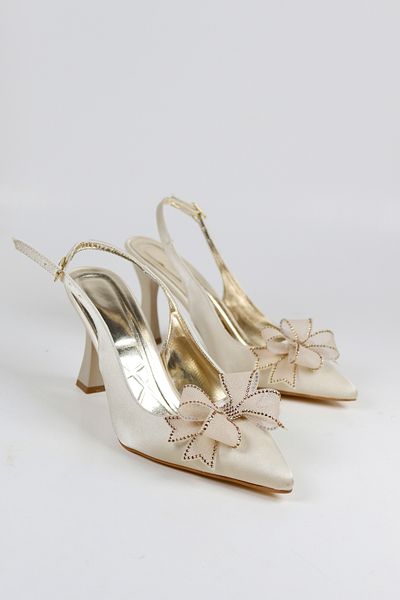 NiceDiffer Stone Ribbon Bow Satin Women's Evening Dress Heeled Shoes