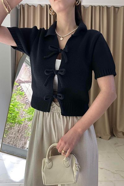 lizge giyim Polo Collar Lace Detailed Cardigan