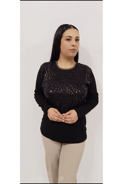AKŞEN GİYİM Plus Size Leopard Print Stone Detail Cycling Collar Premium Quality Long Sleeve Mom