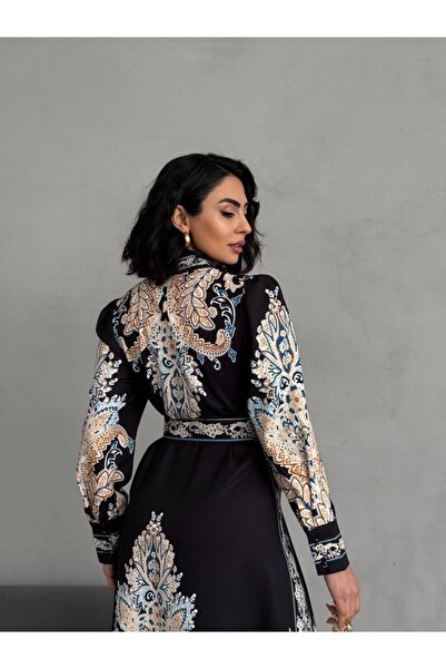 NEW JOURNAL Γυναικείο μαύρο ύφασμα Atlas με έθνικ σχέδιο ολόσωμο φόρεμα Ζώνη ...