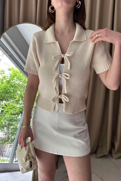 lizge giyim Polo Collar Lace Detail Cardigan