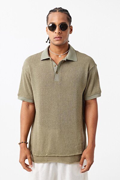VAMOSCLO Πλεκτό μπλουζάκι με λαιμόκοψη πόλο oversized Χακί