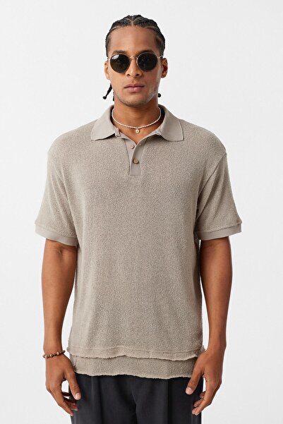 VAMOSCLO Πλεκτό μπλουζάκι με λαιμόκοψη πόλο oversized Stone