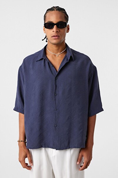 VAMOSCLO oversized Κοντομάνικο λινό πουκάμισο Navy Blue