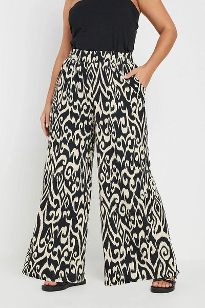 Stil Diva Large Size Elastic Waist Pocket Wide Leg Ankle Length Trousers 303653