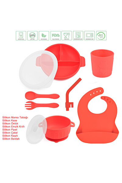 jojobebek Silicone Feeding Set - Food Plate, Bowl with Lid, Straw, Silicone Fork, Spoon, Flat Cup/Red