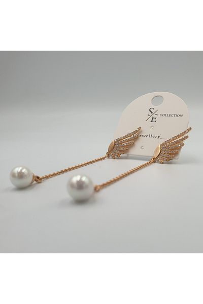 SE Jewellery Collection Selin Ersoy Rose Color Zircon Stone Stylish Wing Detail Pearl Dangle Xuping Earrings