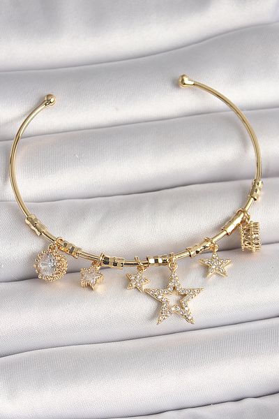 Skygo Brass Gold Color Hanging Zircon Stone Star Model Heart Detail Charm Women's Bracelet - Tj-Bb6930