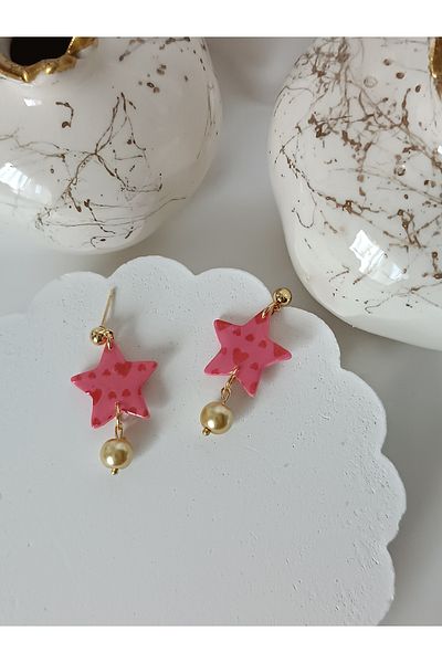 La fee aksesuar Pink Women's Earrings Polymer Clay Earrings Pink Star Pearl Earrings