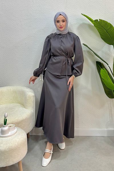 Tesettür Diyarı Women's Crepe Fabric Shirt 2-Piece Set-Anthracite