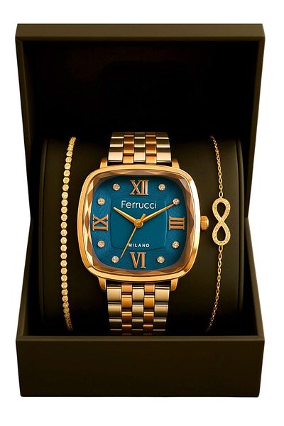 Ferrucci Model Women's Wristwatch Set with Stone Infinity & Waterway Bracelet Special Gift Box