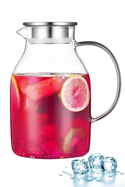 Berdina Home Borosilikat Cam Sürahi 1800ml Isıya Dayanıklı Metal Kapaklı Bitki Çayı Demliği Meşrubat Su Sürahisi