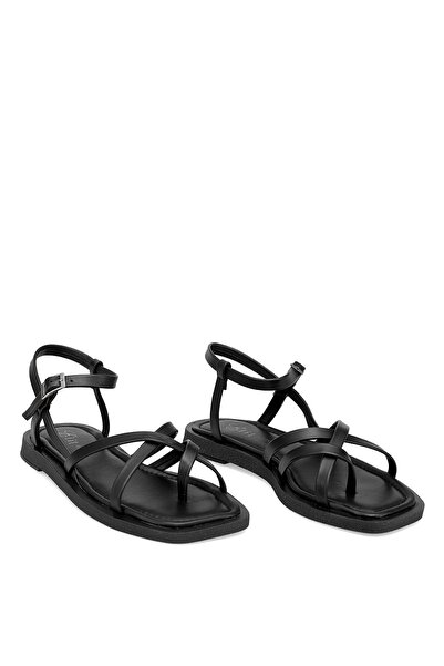 Ayakkabı Fuarı Elit Raveena Kadın Hakiki Deri Ortopedik Düz Sandalet Siyah