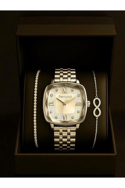 Ferrucci Women's Wristwatch Set - Rhinestone Infinity & Waterway with Bracelet and Special Box