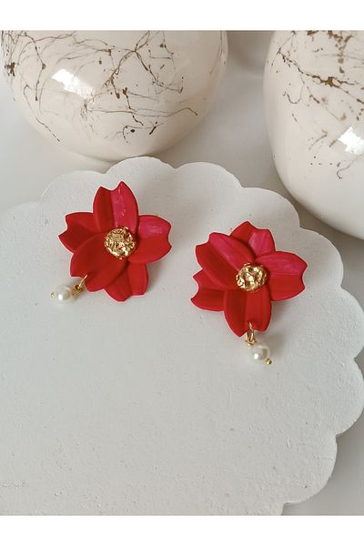 La fee aksesuar Red Flower Earrings Polymer Clay Steel Women Earrings Pearl Detail