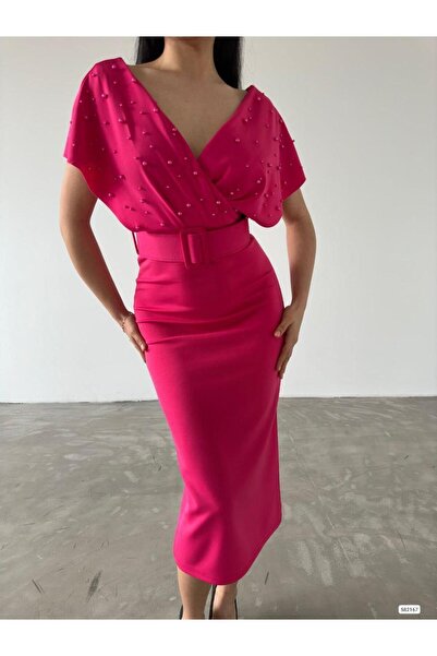Modafeminen Viola inci Detay Elbise Fuşya 582167