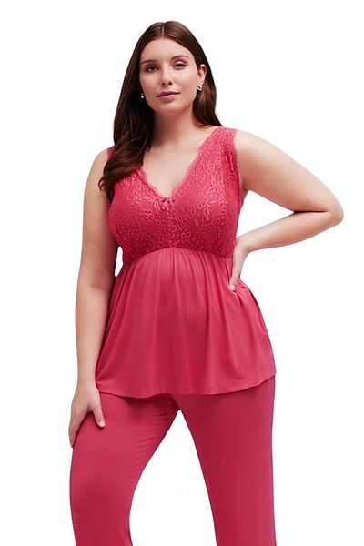MAMAYAGA Women's V-Neck Lace Detail Strap Stylish Large Size Curve Viscose Nightgown Blouse