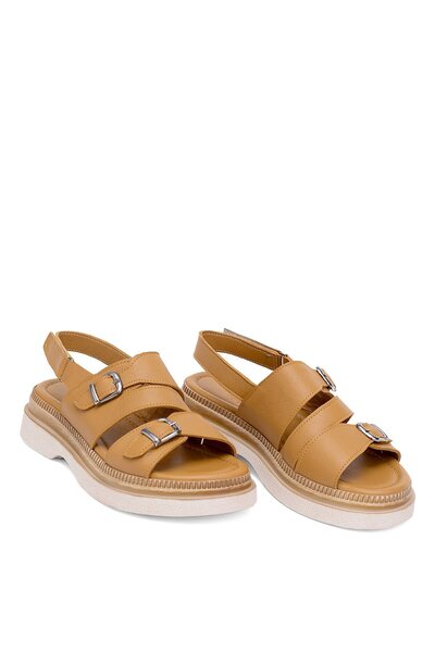 Ayakkabı Fuarı Elit Vesta Kadın Hakiki Deri Düz Sandalet Taba