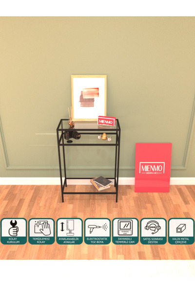 Mienmo Tave Metal Dresuar Dekoratif Çok Raflı Kahve Köşesi Konsol Siyah Şeffa...