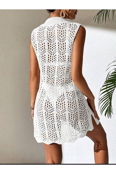 Gülçin Coşkun Guler cămașă Model fără mâneci Ajurat 100% bumbac Top bikini Confortabil Tricotaj Pareo-Rochie de plajă