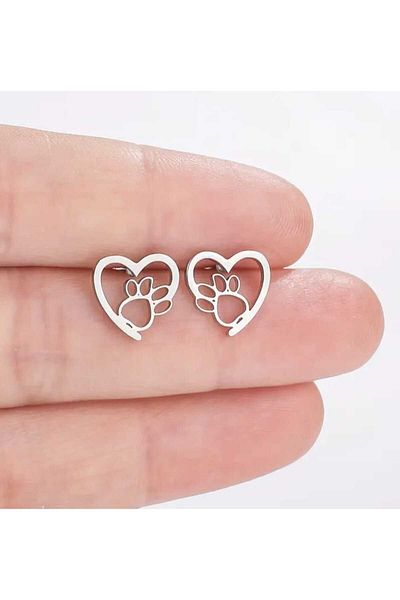 sarıyer silver Paw and Heart Model Pet Themed Daily Minimal Style Screw Nail Model Steel Earrings