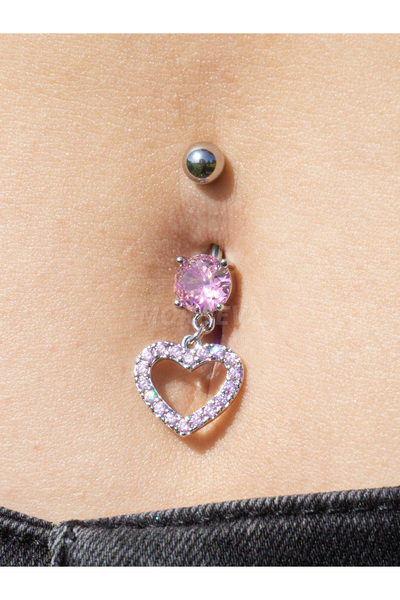 MORNEVA Pembe Zirkon Çember Kalp Sallantı Çelik Göbek Belly Piercingi