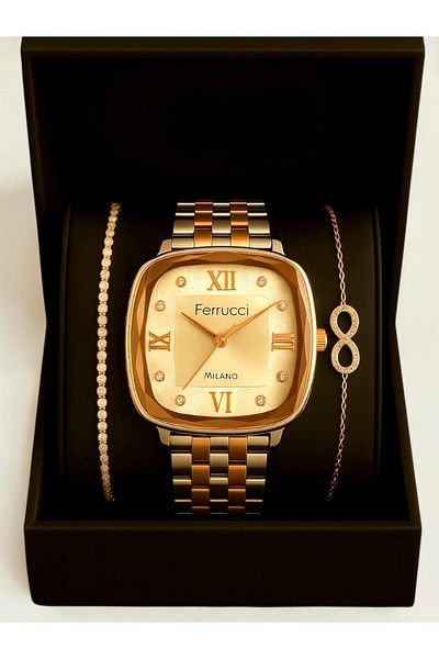 Ferrucci Model Women's Wristwatch Set with Stone Infinity & Waterway Bracelet Special Gift Box