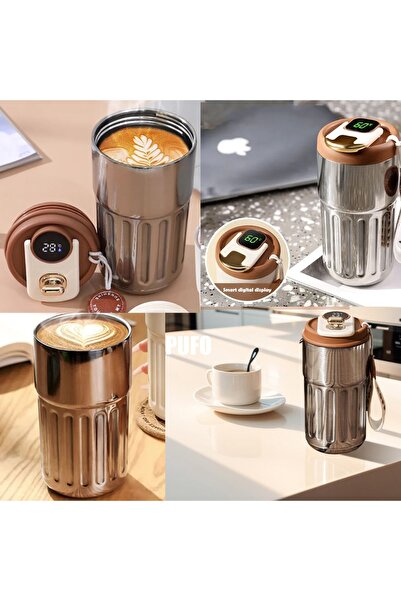 PUFO Luxury thermos mug with LED temperature indicator, 400 ml, silver/brown