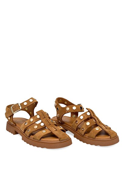 Ayakkabı Fuarı Elit Sylviana Kadın Hakiki Süet Deri Ortopedik Düz Sandalet Taba