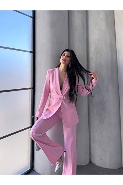 BARG FASHION Kadın Kemerli Ceket Pantalon Takım
