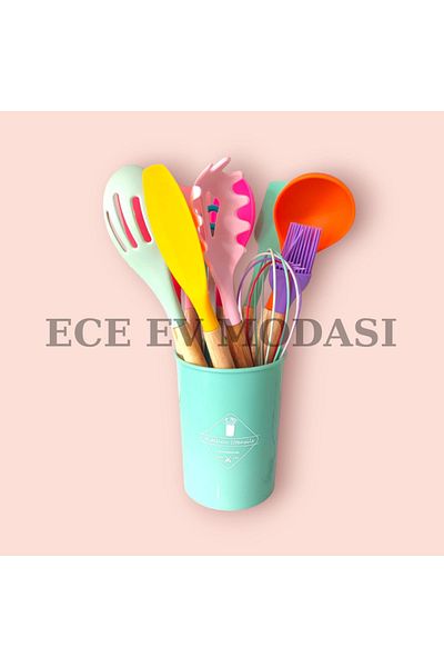 EceAksesuar Silicone 11-Piece Ladle Set Heat Resistant; Ladle-beater-pasta Ladle- Serving Set with Spatula Stand