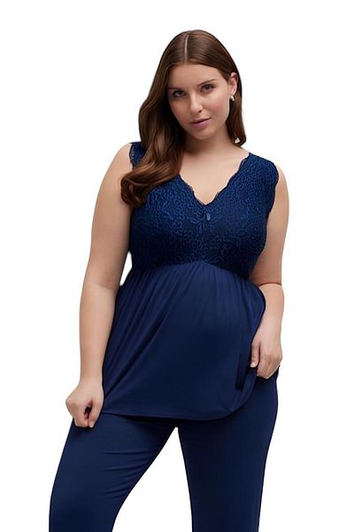MAMAYAGA Women's V-Neck Lace Detail Strap Stylish Large Size Curve Viscose Nightgown Blouse