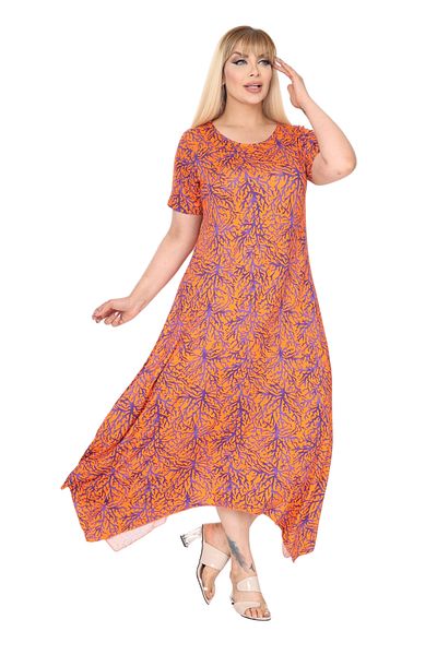 MELSAY Plus Size Asymmetrical Cut Orange Coral Patterned Short Sleeve Dress