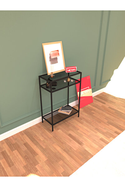 Mienmo Tave Metal Dresuar Dekoratif Çok Raflı Kahve Köşesi Konsol Siyah Füme Camlı 60 cm