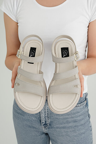 Ayakkabı Fuarı Elit Rhea Women's Genuine Leather Flat Sandals Beige