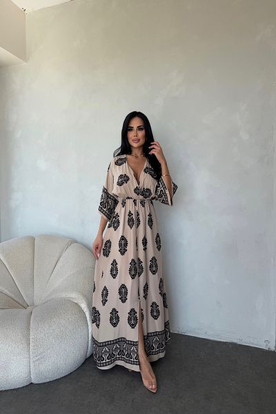 kamacibutik Double Breasted Collar Viscose Fabric Ethnic Patterned Dress