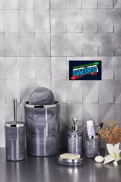 SAFİR 5 Piece Marble Patterned Bathroom Set - WC Brush Holder, Liquid-Solid Soap Dispenser, Dustbin, Toothbrush Holder