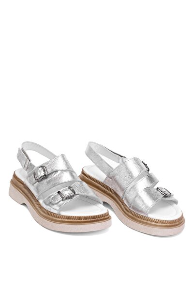 Ayakkabı Fuarı Elit Vesta Kadın Hakiki Deri Düz Sandalet Gümüş