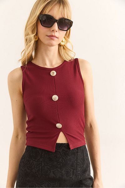 Olalook Women's Burgundy Gold Buttoned Corded Crop Blouse Blz-19002957